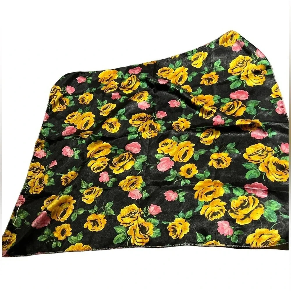 Vintage satin yellow black floral bouquet square scarf